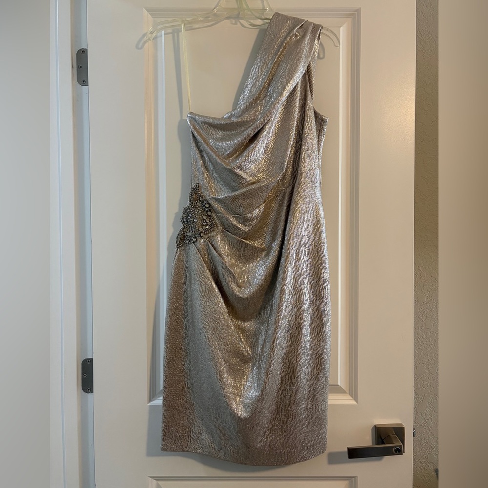 Eliza J size 4 one shoulder goldish dress with jeweled embellishment Zip up back